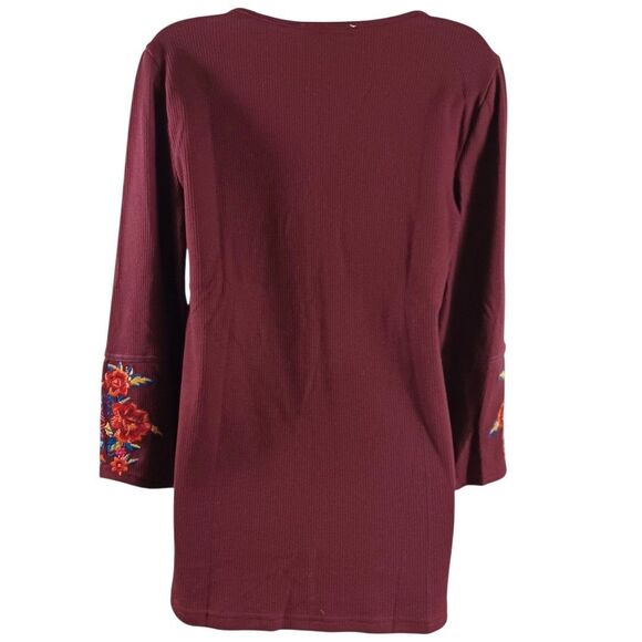 Andree by Unit Boho Embroidered Burgundy Tunic Top Small Floral Aztec Peasant - Picture 7 of 9